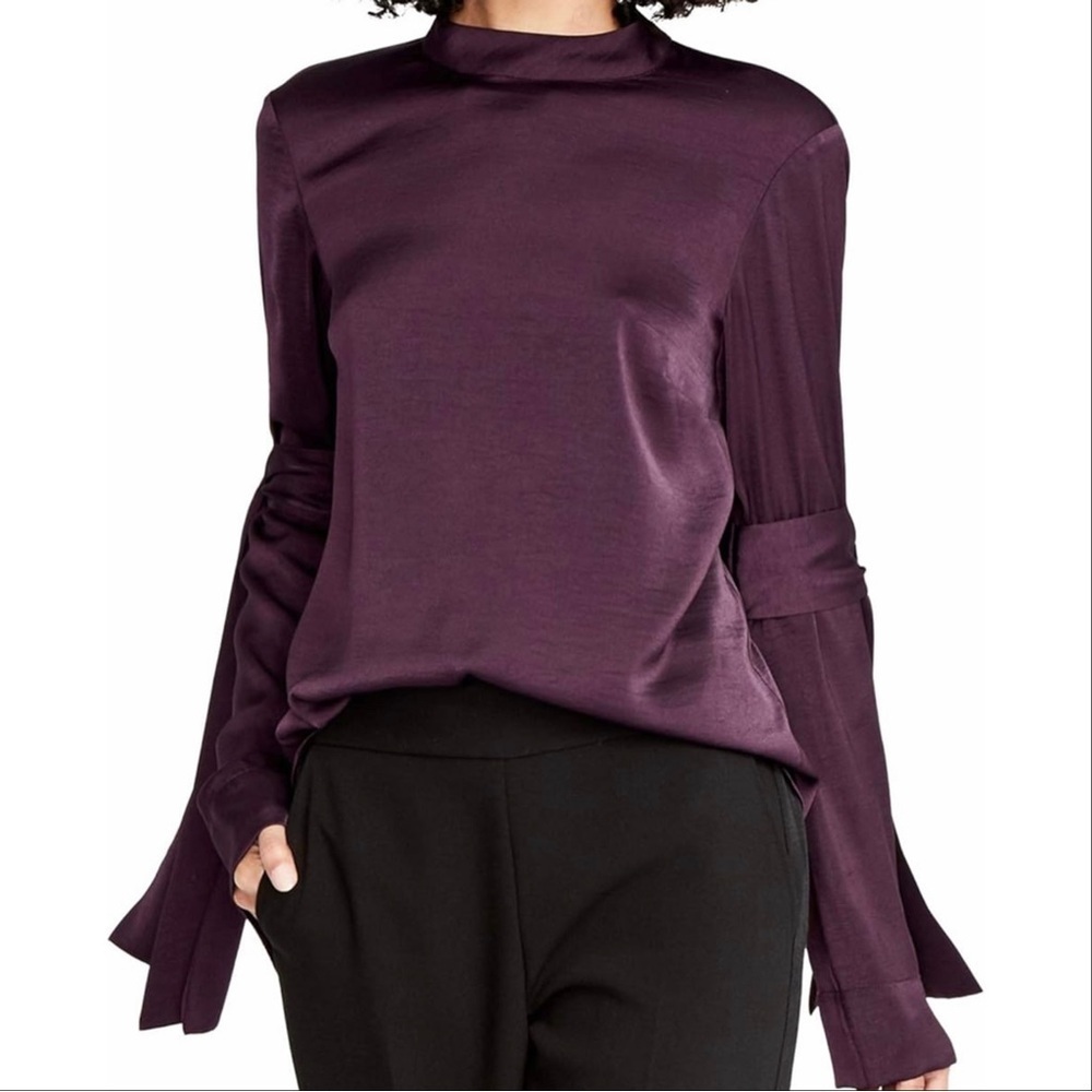 RACHEL Rachel Roy Plum Purple Mock-Neck Long Bow-Tie Sleeve Bell Sleeve Top Sz 6
